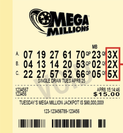 Sample Mega Millions ticket showing Megaplier